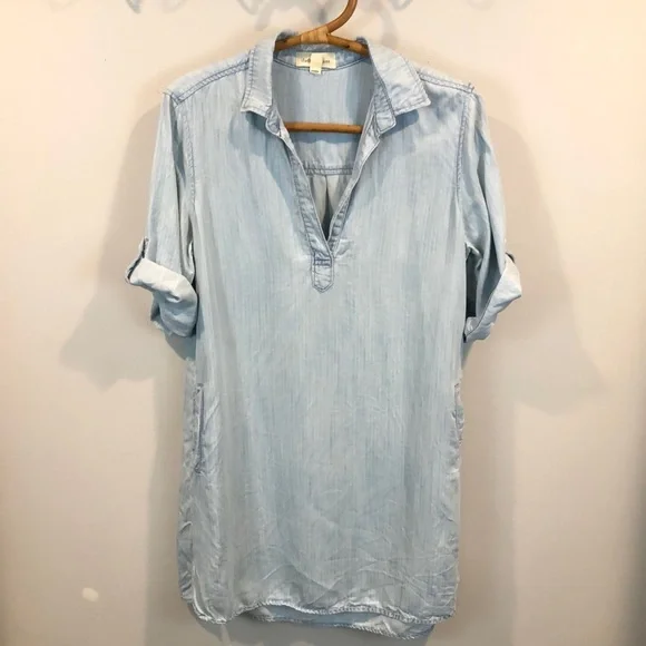 Anthropologie Cloth & Stone Light Wash Chambray Striped Tunic Dress Size M - Picture 2 of 8